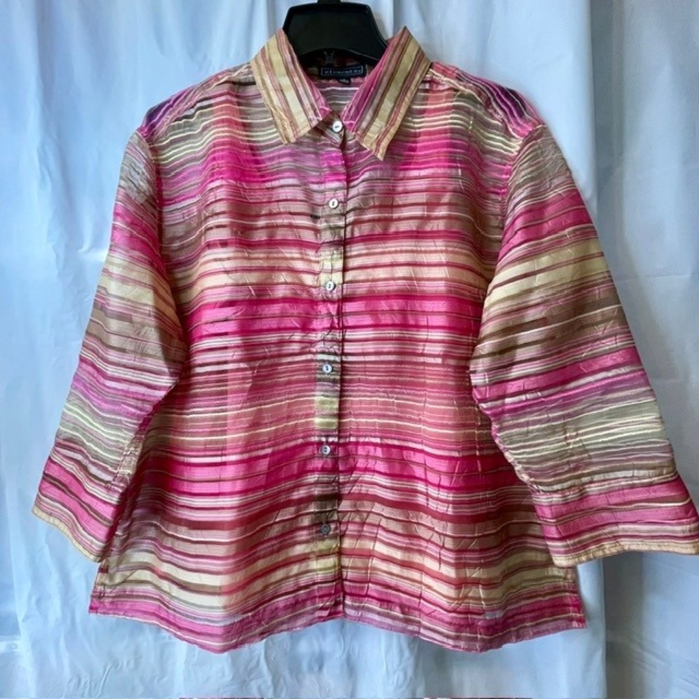 Elementz Y2K Pink Striped Sheer Crinkle Blouse & Camisole Set Vibrant Boho Sz L